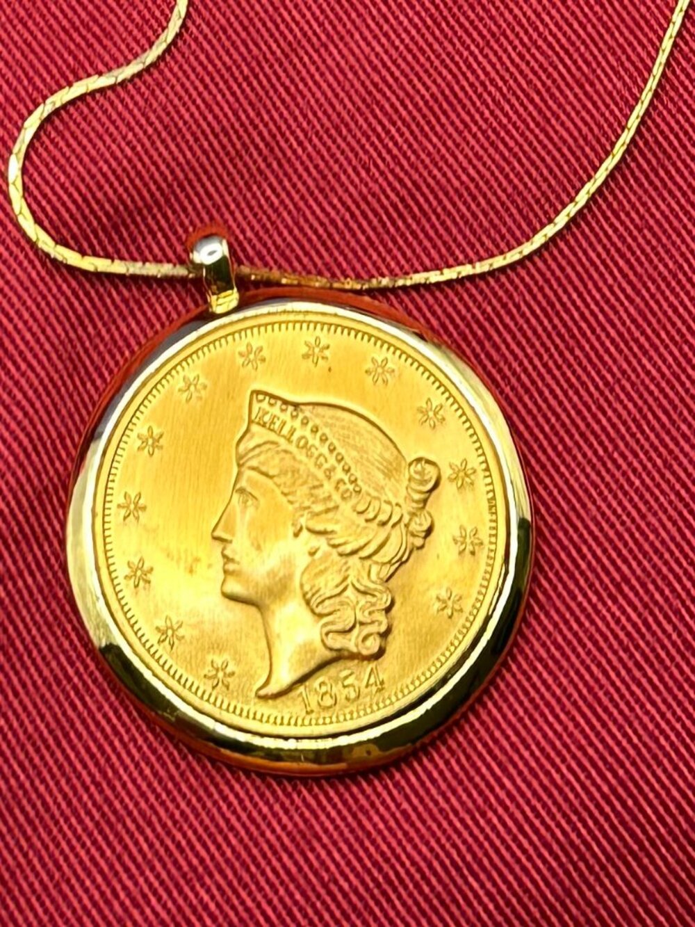 VTG Kellogg & Co. Replica 1854 Liberty Head Gold Coin Pendant Necklace